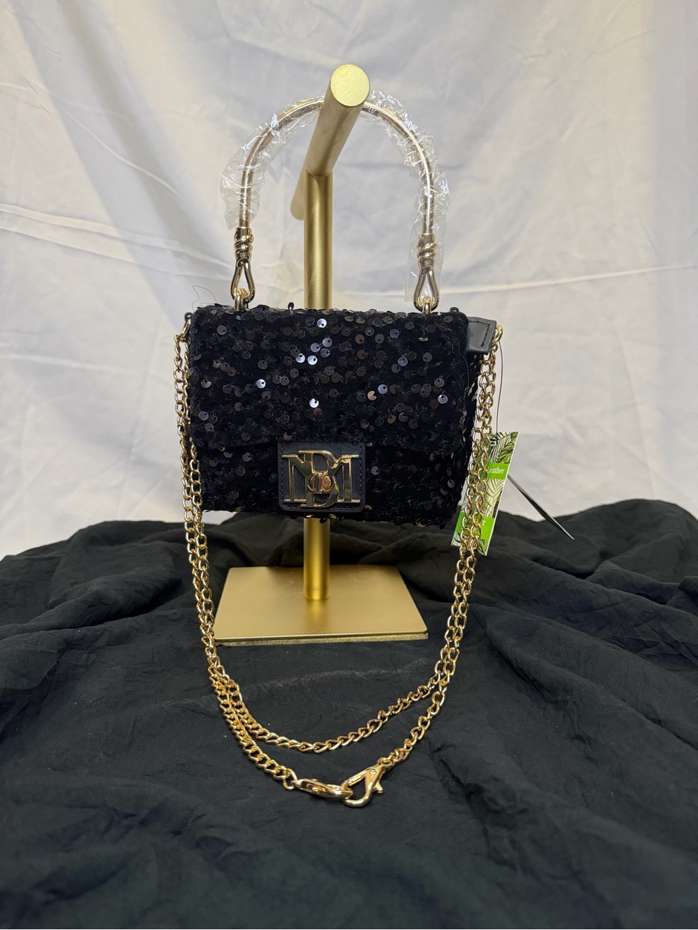 Badgley Mischka Black Sequin Top-Handle Clutch with Gold Chain